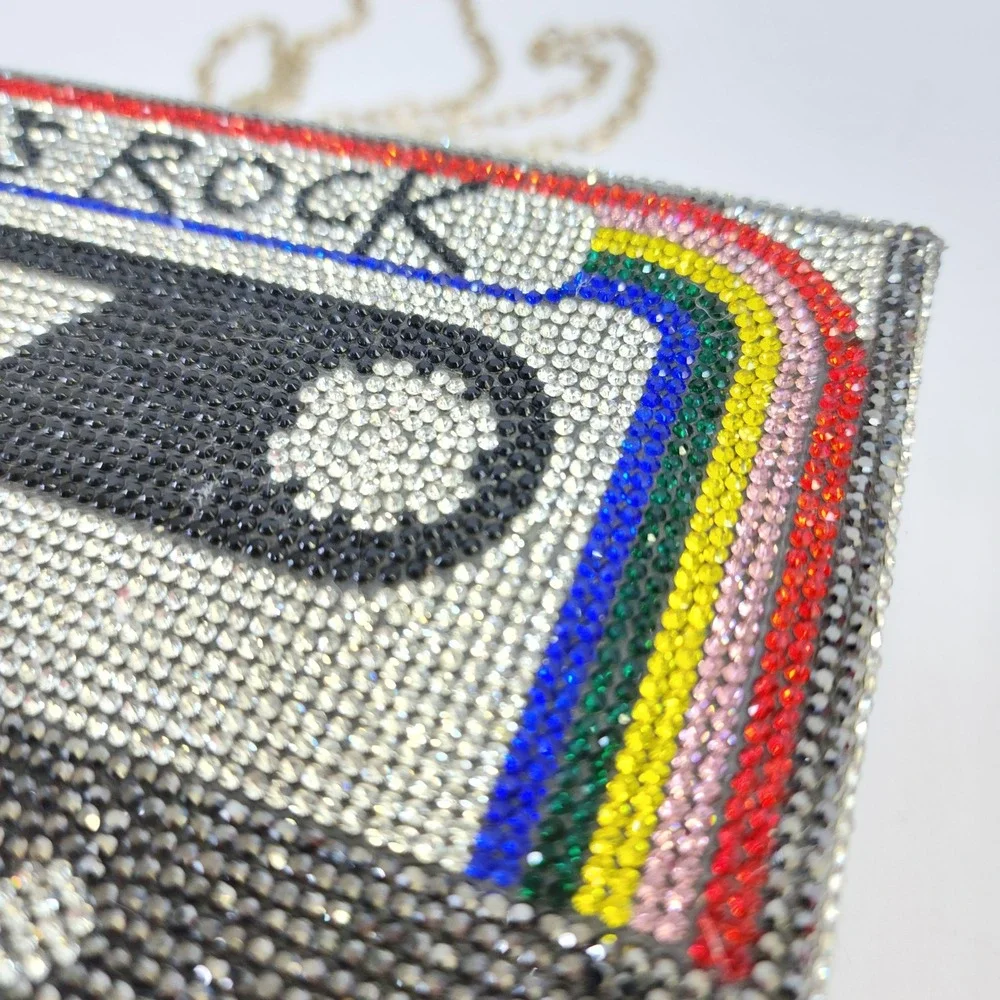80s Rock Cassette Tape Rhinestone Box Clutch Bag  Crystal Minaudiere Retro